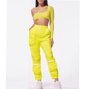 Yellow One Shoulder Mesh Sleeve Top & Pant Sets